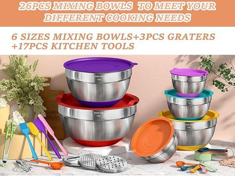 26PC Stainless Steel Mixing Bowl Set w/ Lids Grater Color Non Slip2