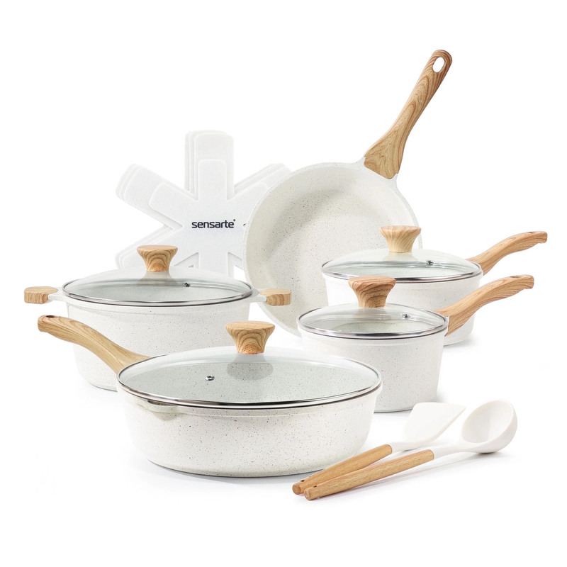 Ceramic Nonstick Pots and Pans Set, 17Pcs Healthy Non Stick Cookware Set with Po0