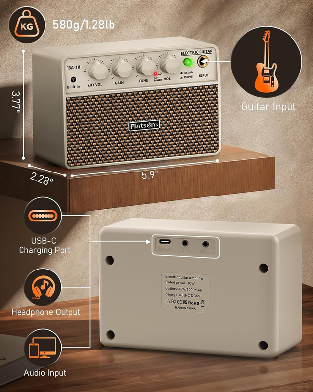 FBA-10 Mini Guitar Amp, 10W Electric Amplifier USB-C Rechargeable Portable White8