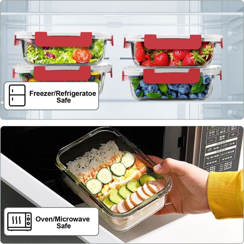 10 Pack 22oz Glass Meal Prep Containers Airtight Lids Red3
