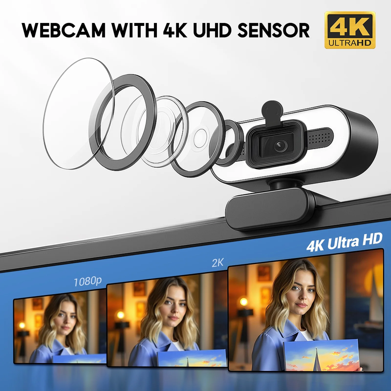 4K HD USB Webcam with Ring Light Autofocus Dual Mics for PC Laptop Gaming4