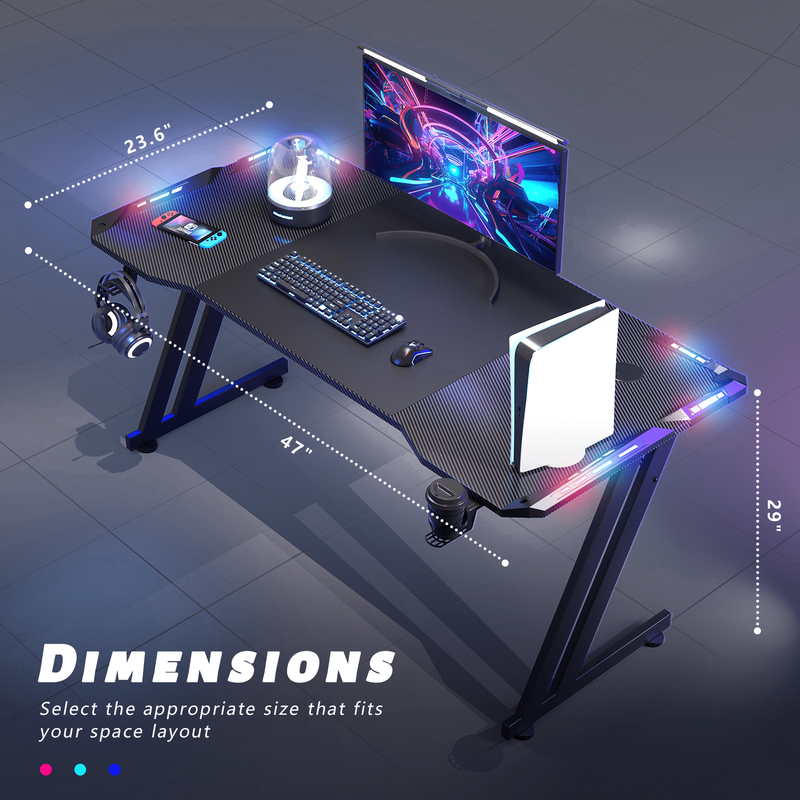 47" Gaming Desk w/ LED Lights, Cup Holder & Headphone Hook Black5