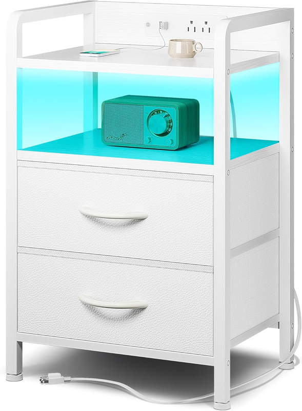 White Nightstand w/ Charging Station LED Light 2 Fabric Drawers USB & AC Outlets0