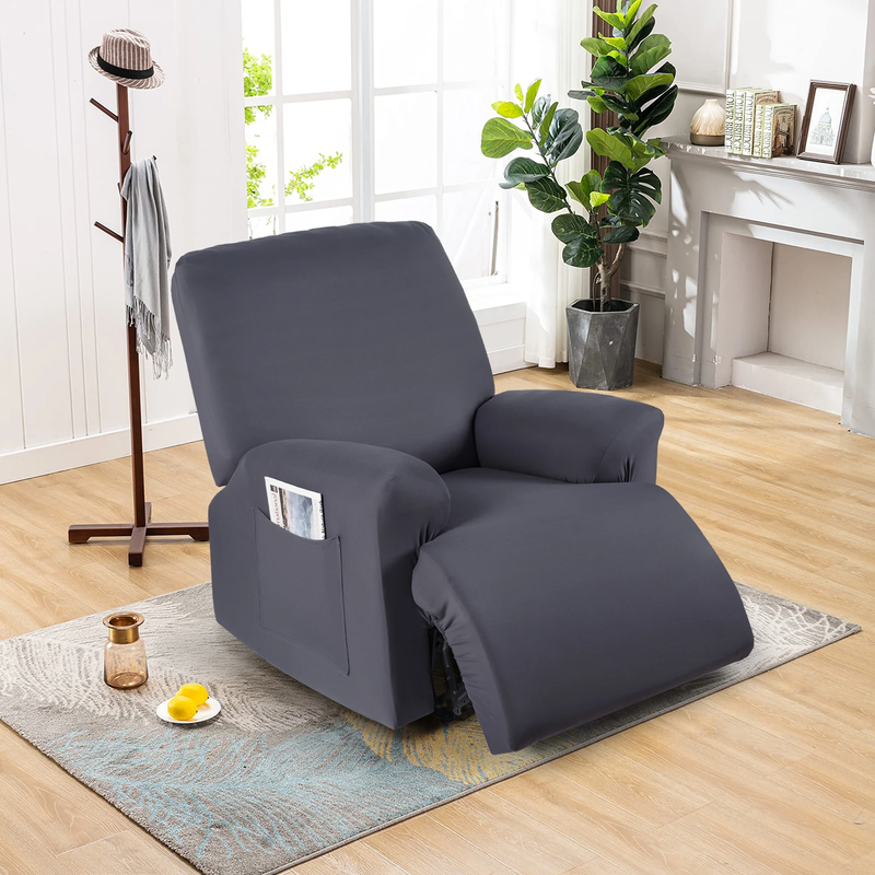 3-Piece Dark Gray Recliner Slipcover Stretch Chair Cover with Pockets5