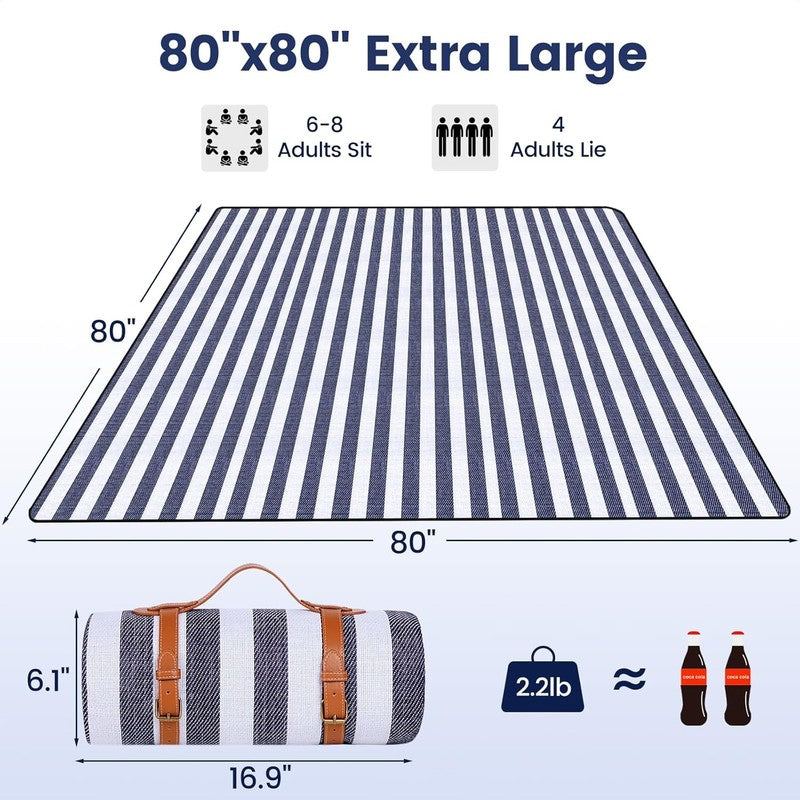 80”X 80” Picnic Blanket Extra Large, Waterproof and Foldable Beach Blanket, 3-La2