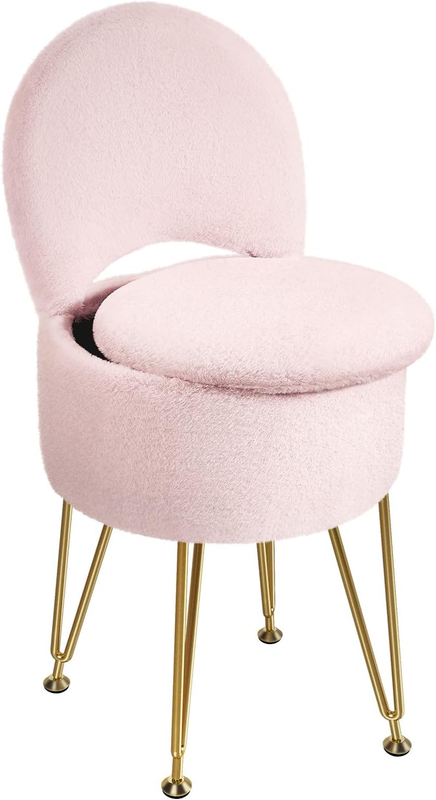 Faux Fur Vanity Stool Chair w/Storage Folding Back Ottoman Pink8