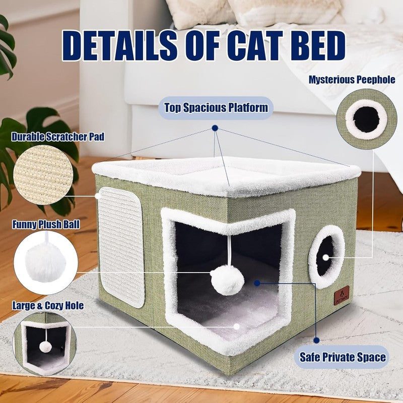 Cat Cave Bed for Indoor Cats – Foldable Cat House with Scratch Pad Green3