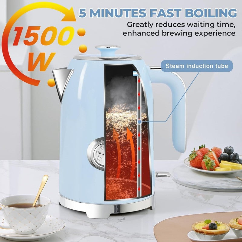 Electric Kettle 57Oz 1500W Stainless Steel Fast Boil w/ Thermometer Blue2