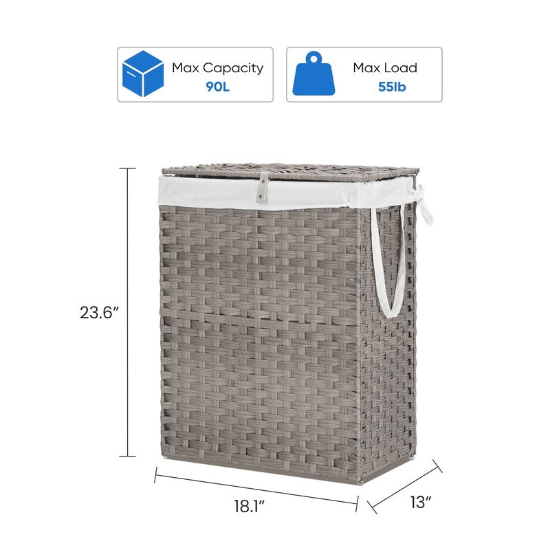 90L Handwoven PP Rattan Laundry Basket Gray w/ Lid, Foldable, Removable Liner7