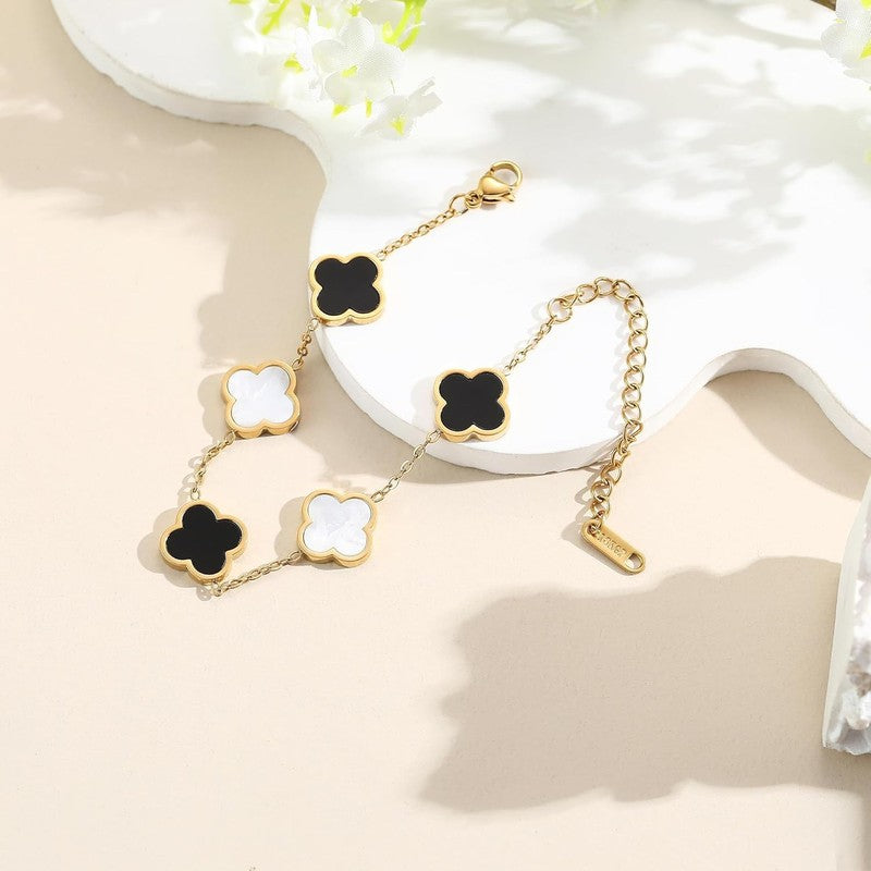 18K Gold Plated Clover Bracelet Women 4-Leaf Flower White Black4