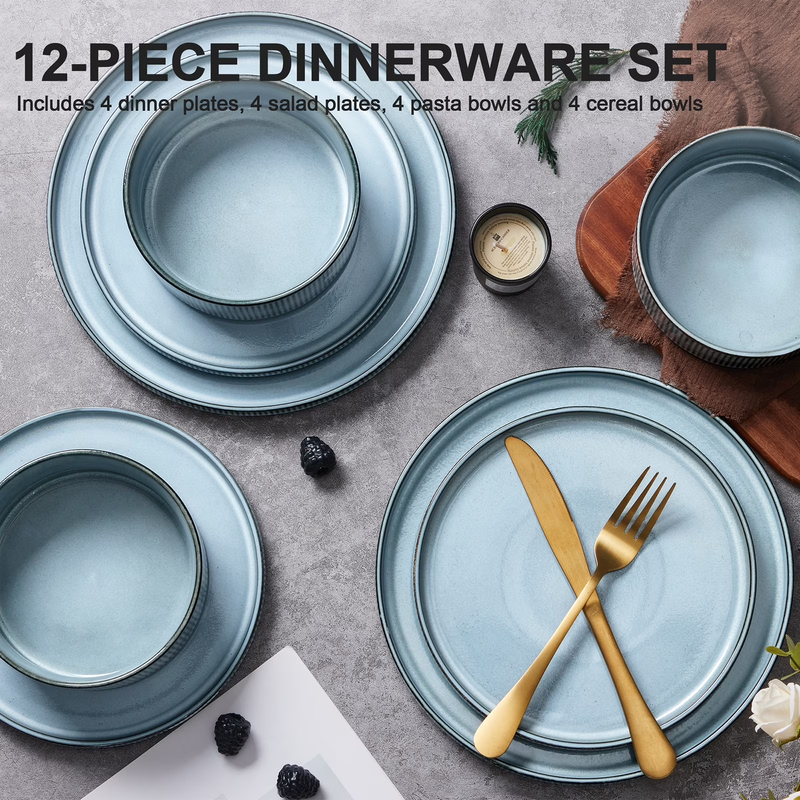 12Pc Stoneware Dinnerware Set for 4 Ribbed Plates Bowls Smoky Blue4