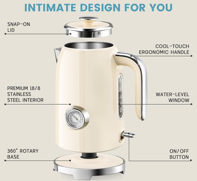 Electric Kettle 57Oz 1500W Stainless Steel Fast Boil w/ Thermometer Beige1