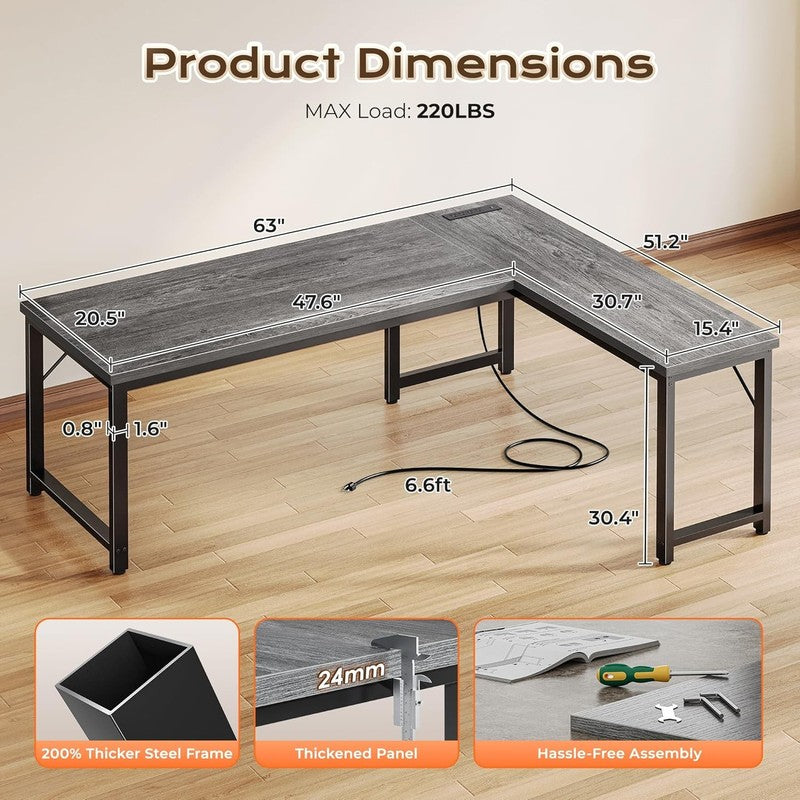 63'' L Shaped Desk w/ Power Outlets USB C Reversible Corner Desk Grey2