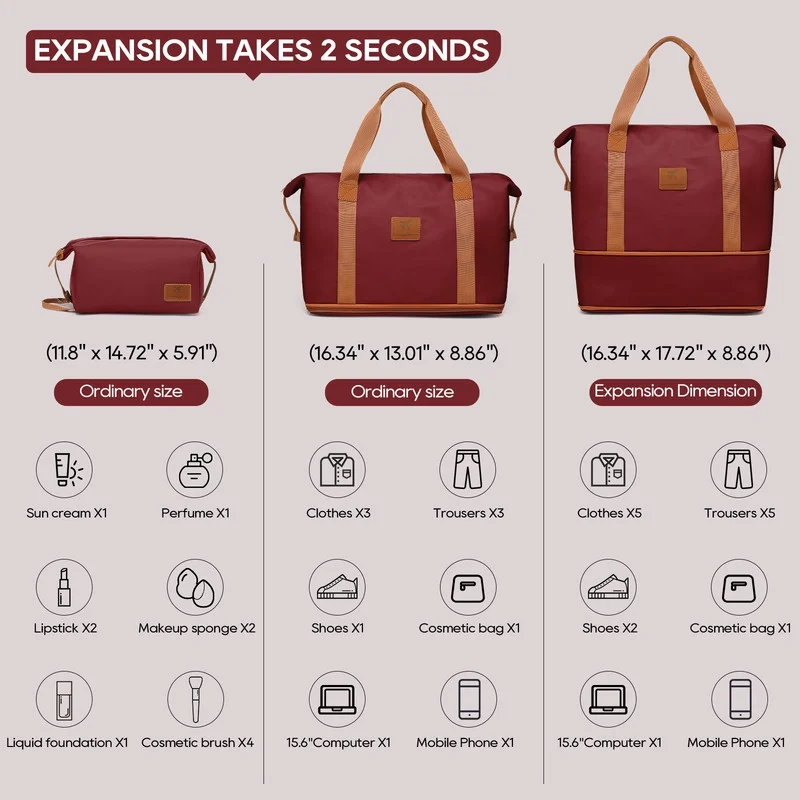 2Pc Travel Duffel Bag Set Waterproof Carry On Weekender w/ Toiletry Bag4