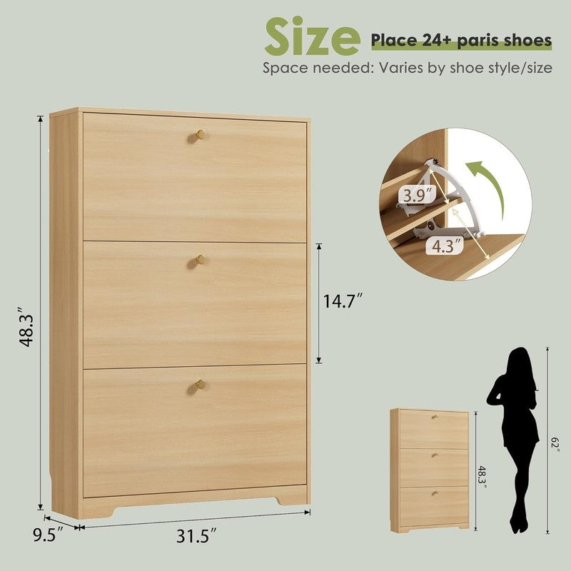 Slim Shoe Storage Cabinet Hidden Rack Organizer Entryway Hallway Natural Oak1