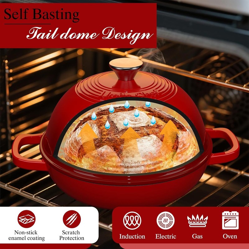 6QT Cast Iron Dutch Oven w/ Lid Sourdough Baking Red Pot2
