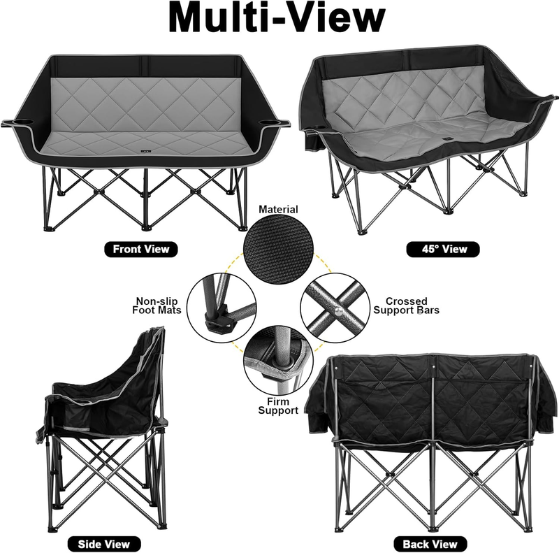 Double Camping Chair 2-Person Oversized Folding Loveseat Heavy Duty 750LBS3