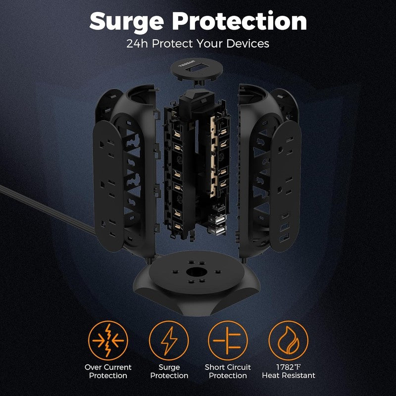 Surge Protector Power Strip Tower with 3 USB Ports 11 Outlets, 1875W/15A, Black 2