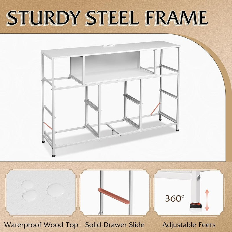 White TV Stand Dresser LED Lights Charging Station 8 Fabric Drawers Open Shelf7