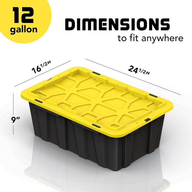 12Gal Black/Yellow Plastic Storage Bins w Lids Stackable 8 Pack Totes1