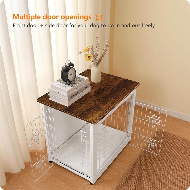 Dog Crate Furniture Table w/Cushion Wooden Kennel Double Door 27.2" White/Brown1