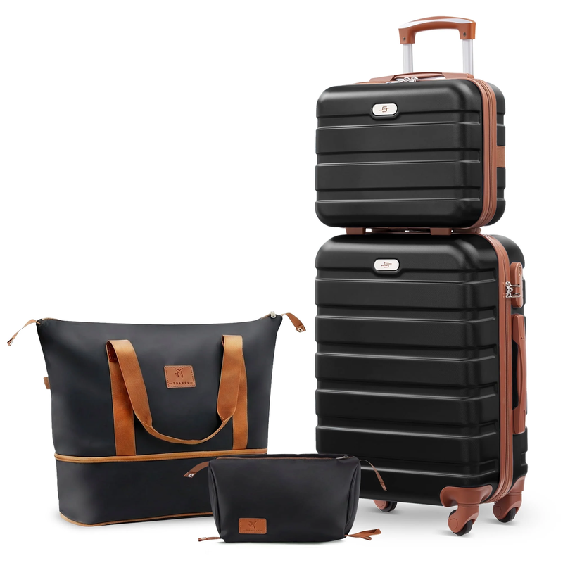 4 Piece Luggage Set ABS Carry On 14 20 Inch Hardside Expandable Duffle Black Tan0