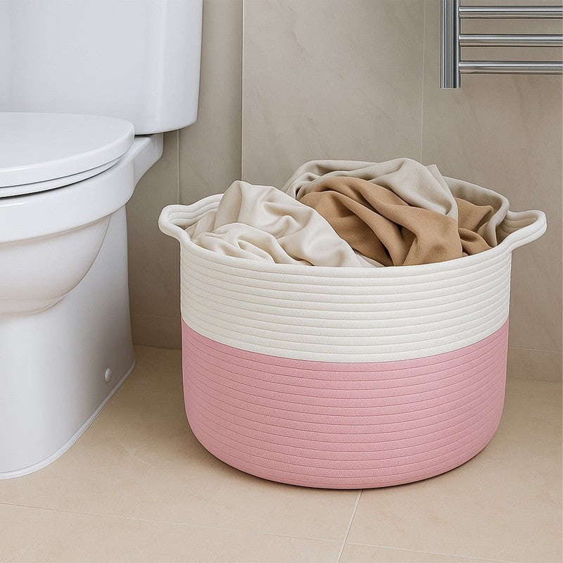 80L Collapsible Cotton Laundry Basket w/ Handles – White & Pink5
