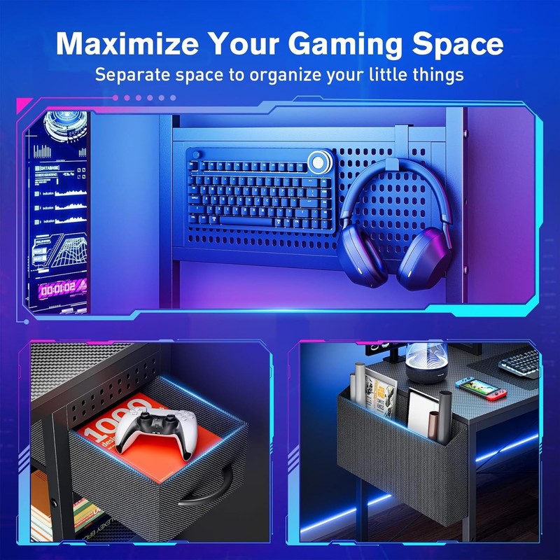 55" Gaming Desk w/ Adjustable Storage Rack, LED Lights & Power Outlets3
