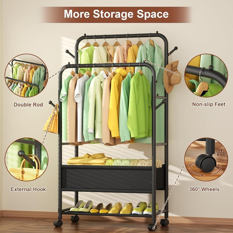 Portable Clothing Rack with Wheels, Black Garment Rack for Hanging Clothes4