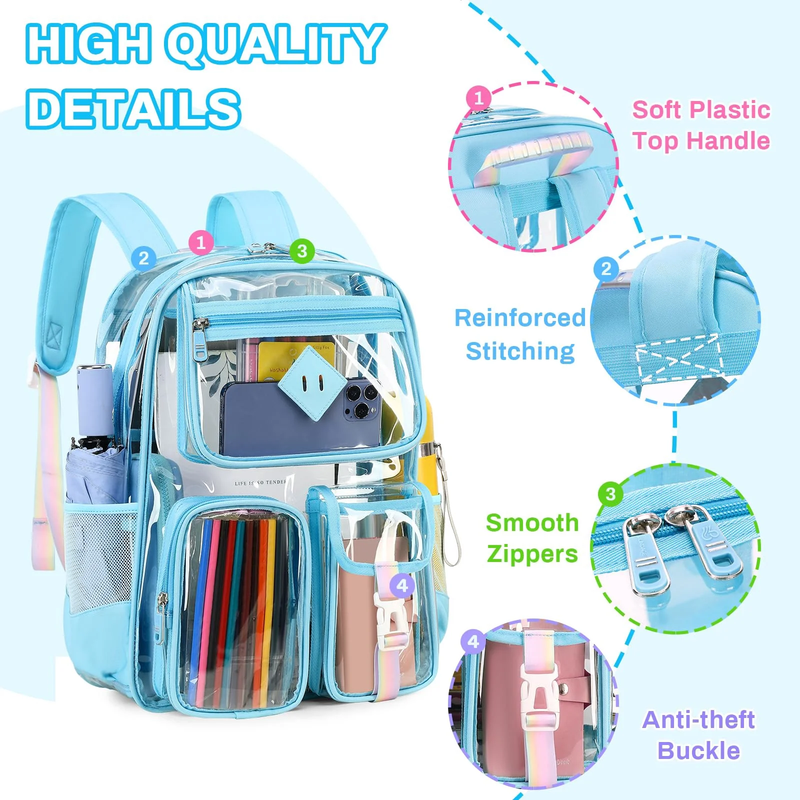 Large Clear Book Bag Waterproof See Through Backpack Blue Daisy6