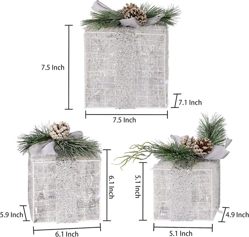 Set of 3 Christmas Lighted Gift Boxes, Pre-Lit 60 LED Light up Present Boxes Orn1