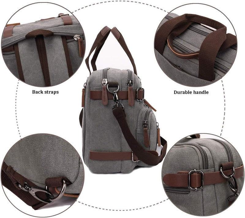 3 in 1 Canvas Laptop Bag 17.3 Inch Convertible Briefcase Multi Pocket Grey6