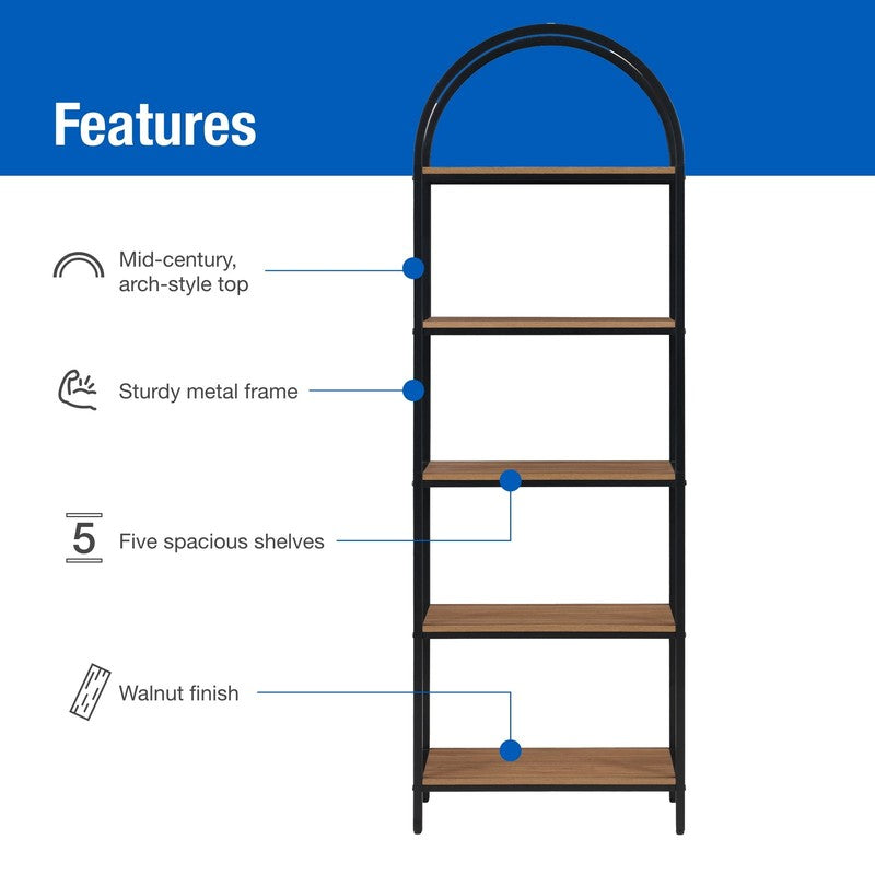 5-Shelf Metal and Wood Arch Open Bookcase1
