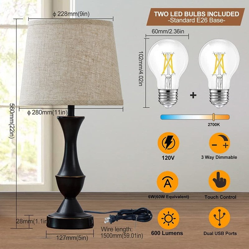 Set of 2 Touch Lamps w/ USB 3 Way Dimmable Nightstand Linen Bedside Lamps7