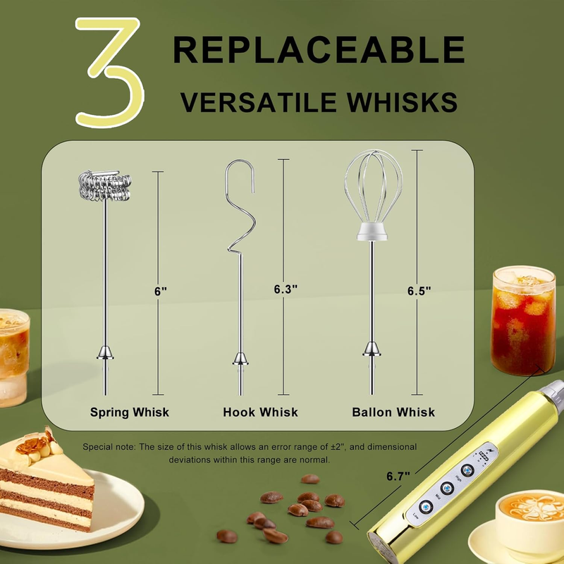 Milk Frother Handheld Champagne Gold Rechargeable 3 Speed 3 Heads Whisk3