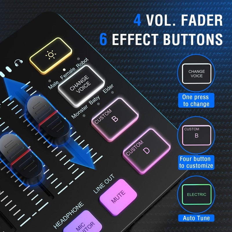 Gaming Mic & Audio Mixer Bundle USB/XLR RGB Streaming Set w/ Fader KS53