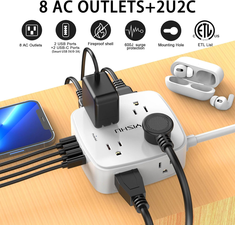 6FT Surge Protector Power Strip 8 Outlets 4 USB Flat Plug Extension Cord1