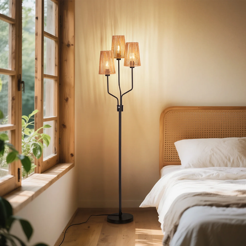 Rattan Floor Lamp 3 Tier Dimmable Rustic Boho Lighting for Living Room Bedroom5