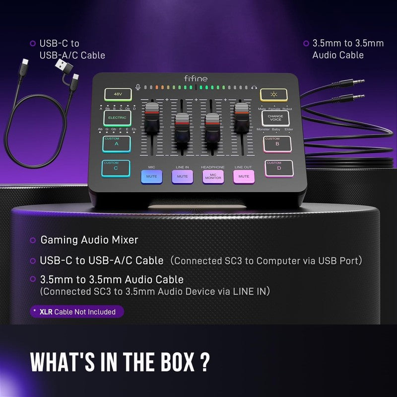 Gaming Audio Mixer RGB PC Mixer w/ XLR Mic Phantom Power Mute SC38