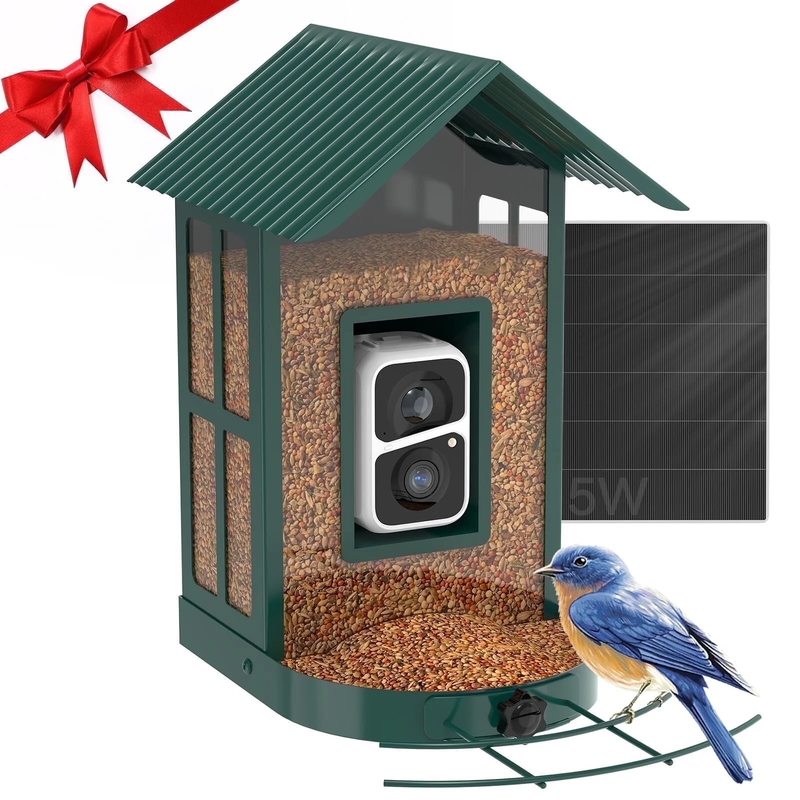 BF08 AI Identify Species Metal Bird Feeder Camera with 5W Solar Panel, Green8