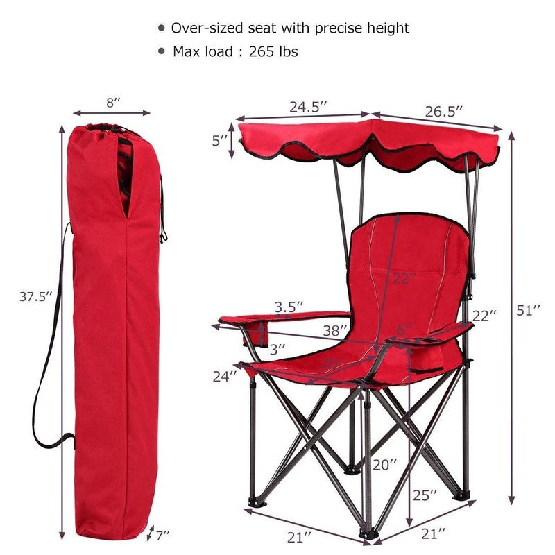 Red Portable Folding Beach Canopy Chair with Cup Holders - 38"x26.5"x51"9