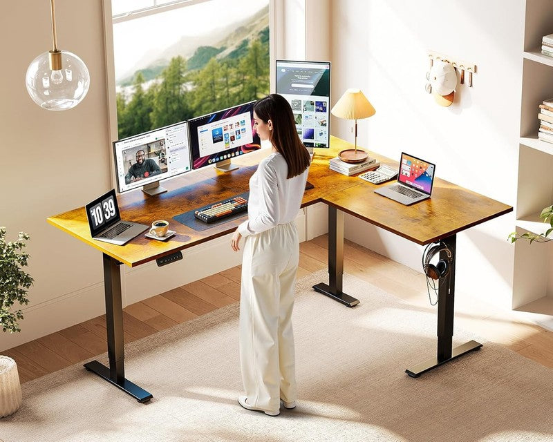 63” Reversible L-Shaped Electric Standing Desk Height Adjustable Rustic Brown1