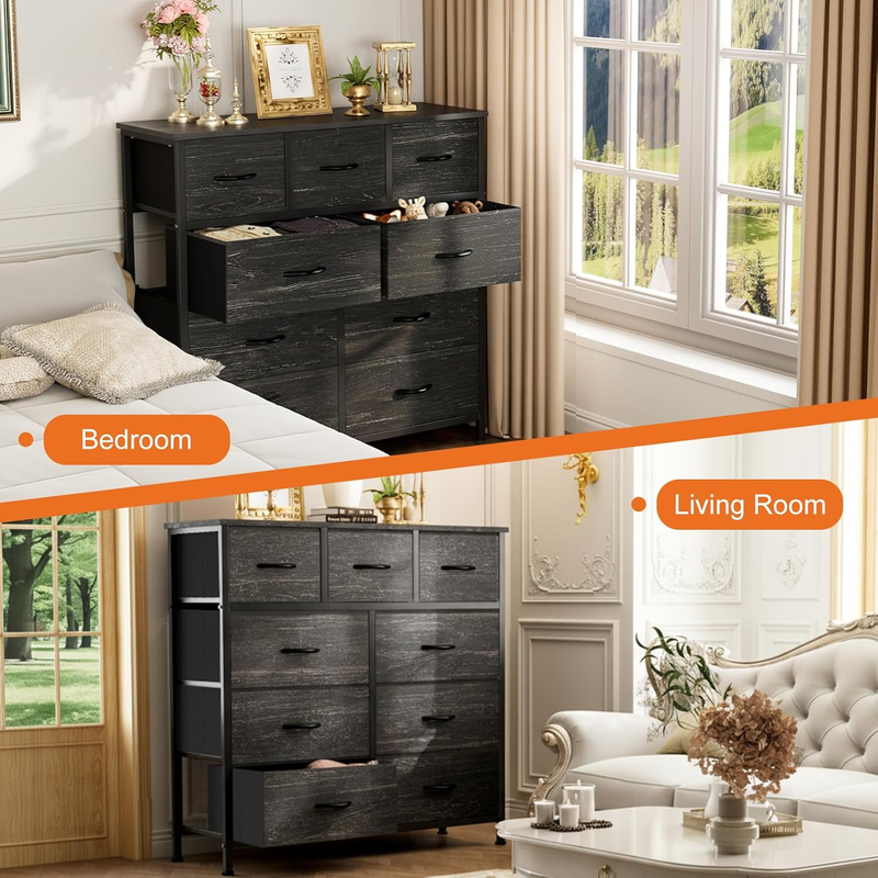 9 Drawer Fabric Dresser Storage Tower Steel Frame Wood Top Black3