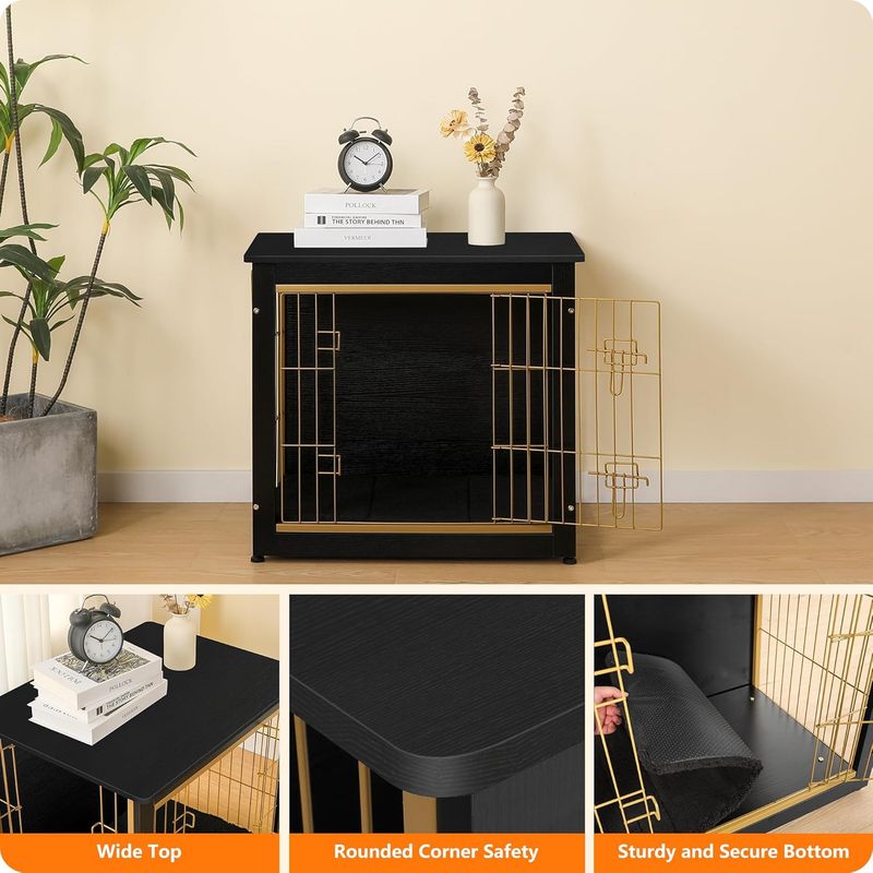 Dog Crate Furniture Table w/Cushion Wooden Kennel Double Door 27.2" Black/Gold7