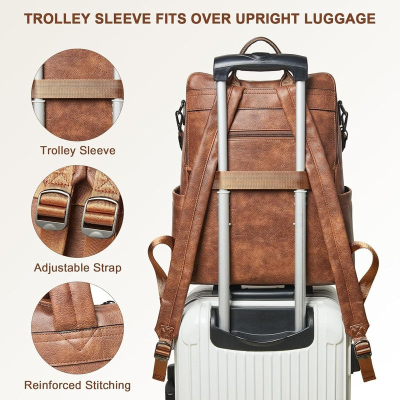 Women Laptop Backpack 15.6" Leather Travel Work Water Resistant Brown3