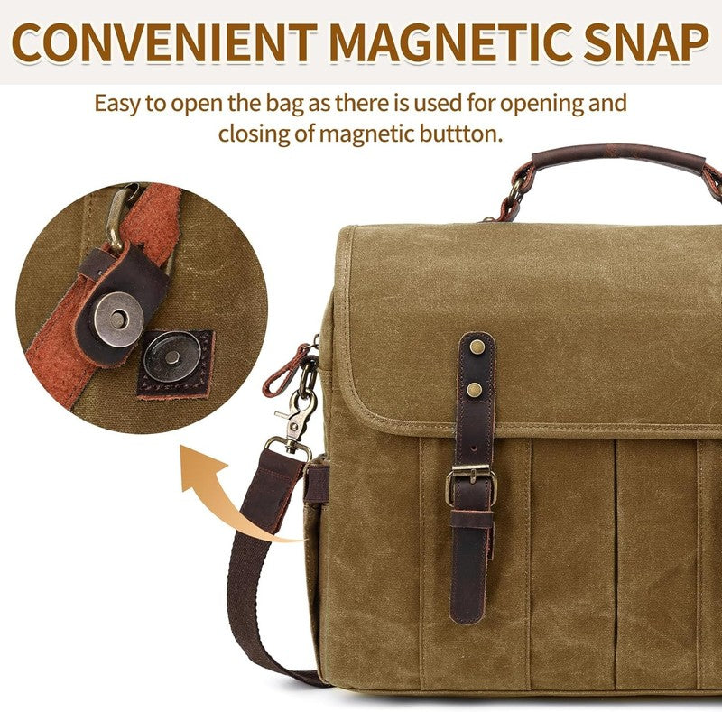 Men's 15.6" Vintage Canvas Leather Laptop Messenger Bag Khaki Satchel2