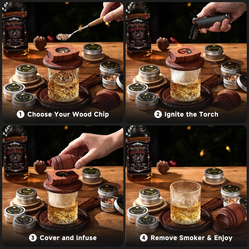 Whiskey Smoker Kit with Torch - 6 Flavors Wood Chips, 2 Glasses, 2 Ice Ball Mold6