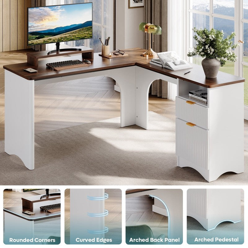 55" L-Shaped Desk with Drawers, Monitor Stand & Fluted Panels White/Walnut1