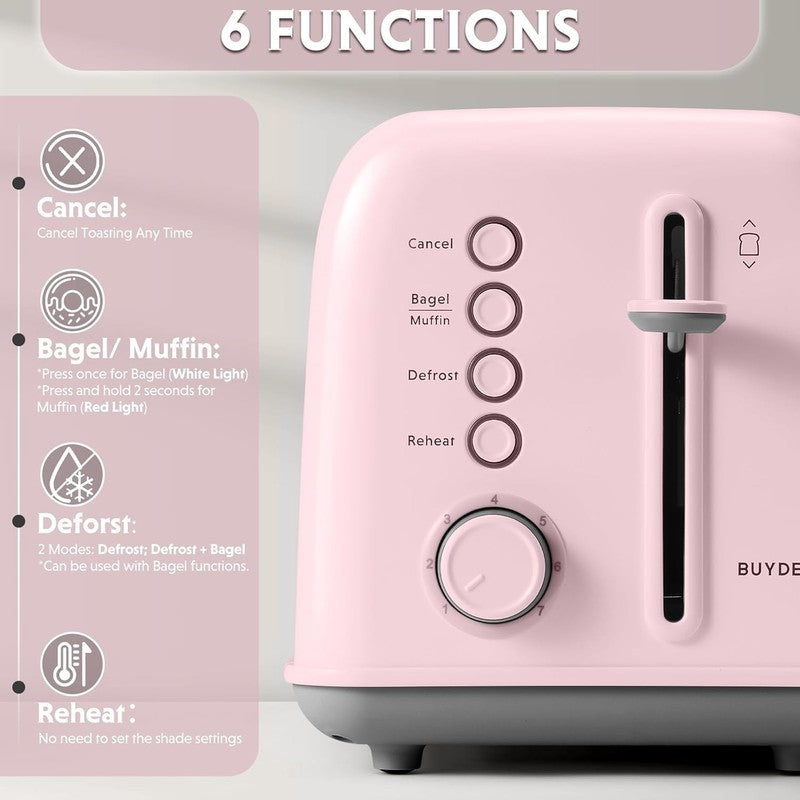 Retro 2 Slice Toaster Extra Wide Slots Stainless Steel 7 Shade Bagel Muffin Pink2