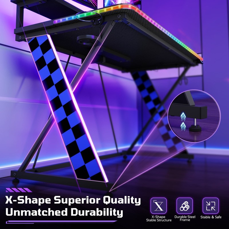 43" X-Shaped Gaming Desk with Music Sync LED, Monitor Stand Black Racing3